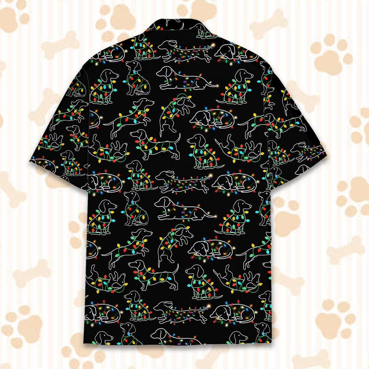 Detailed back view of the dachshund and string lights polo shirt