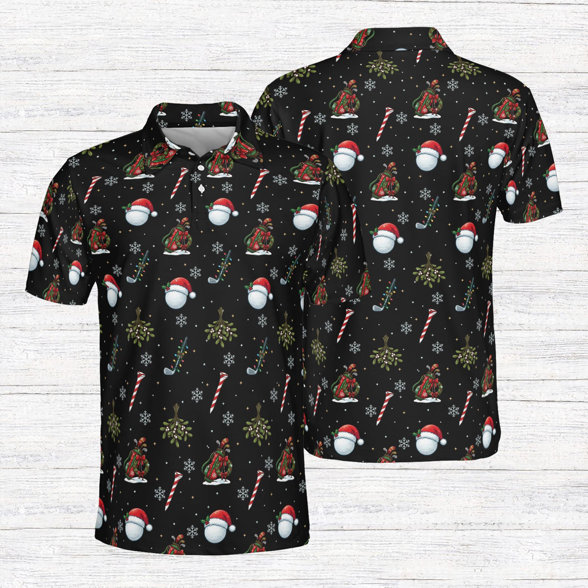 Front view of the black golf holiday polo shirt