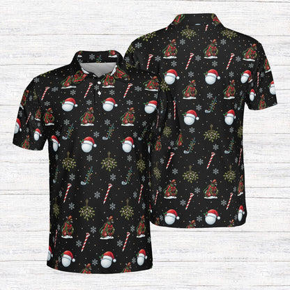 Front view of the black golf holiday polo shirt