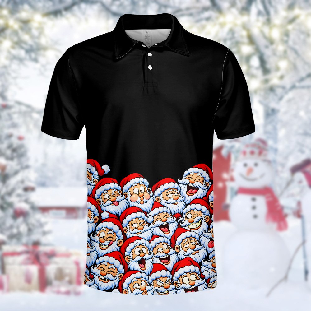 Another front view of the black Christmas polo shirt