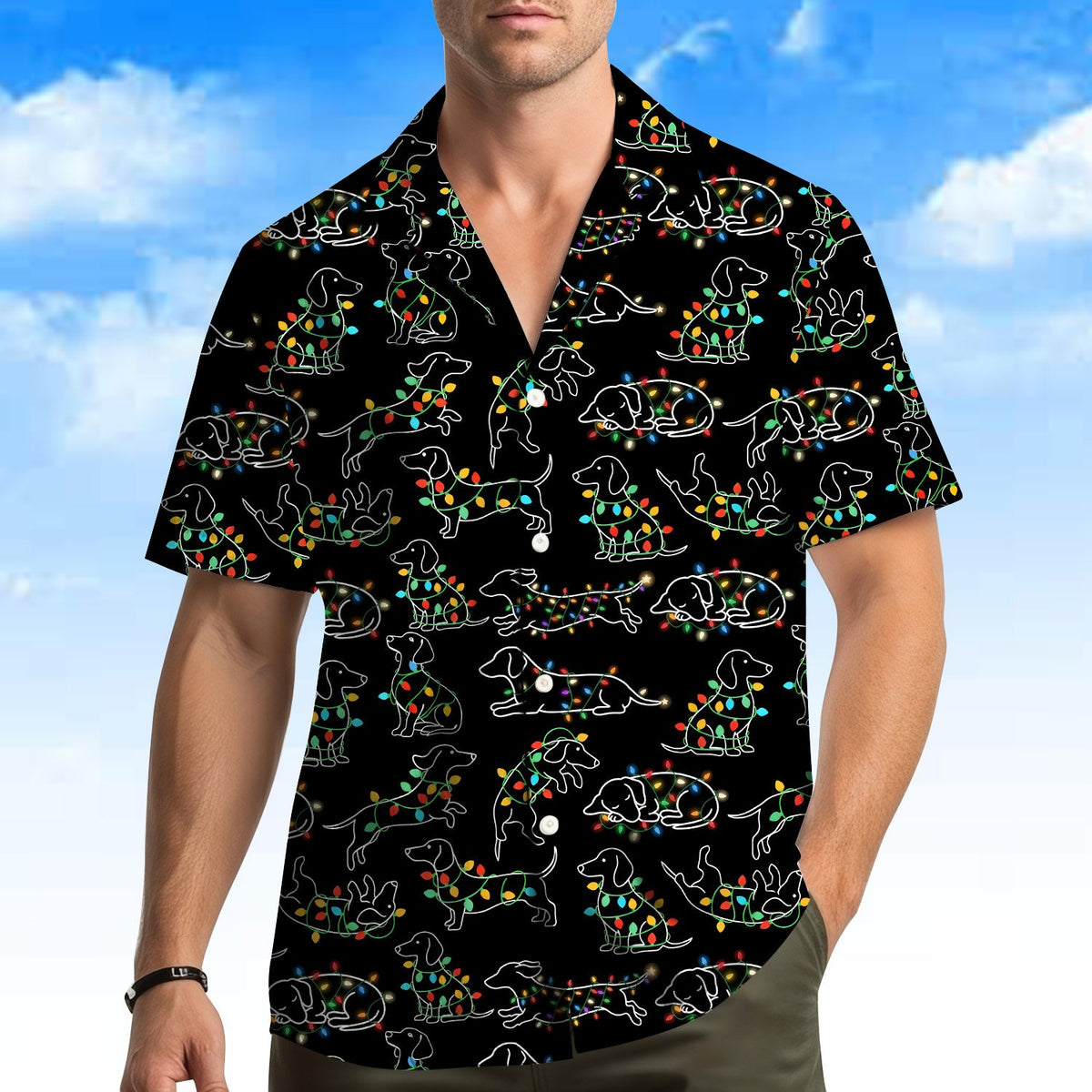 Detailed front view of the dachshund holiday polo shirt