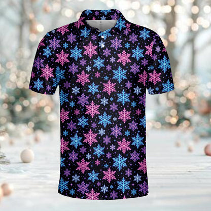 Festive pink and blue snowflake polo, front view