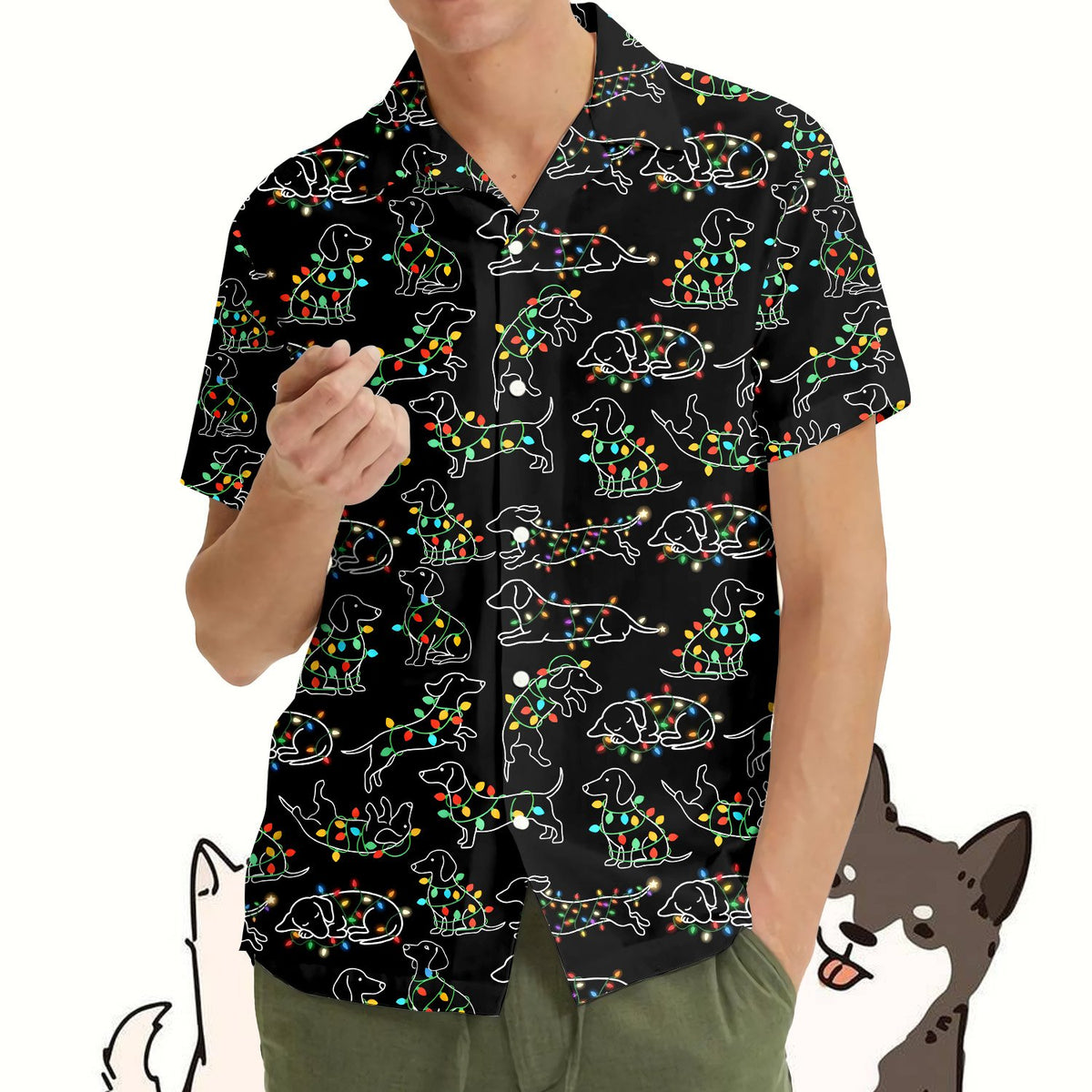 Another front view showing the festive dog pattern on the black polo shirt