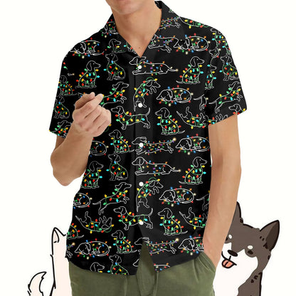 Another front view showing the festive dog pattern on the black polo shirt