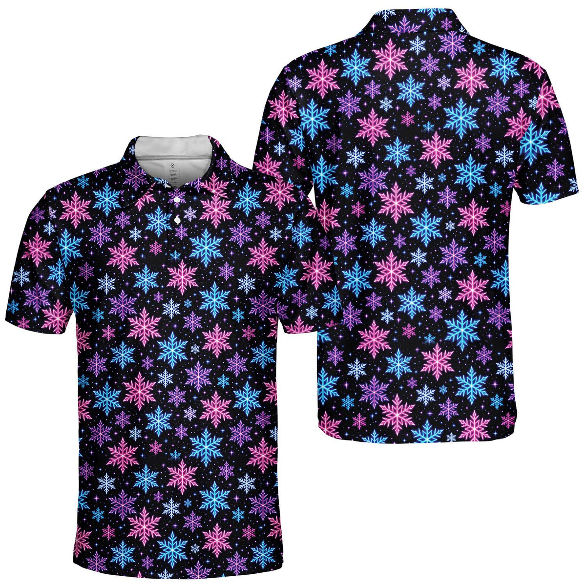 Black polo shirt with neon stars and snowflakes, front view