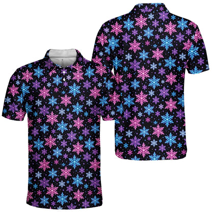 Black polo shirt with neon stars and snowflakes, front view