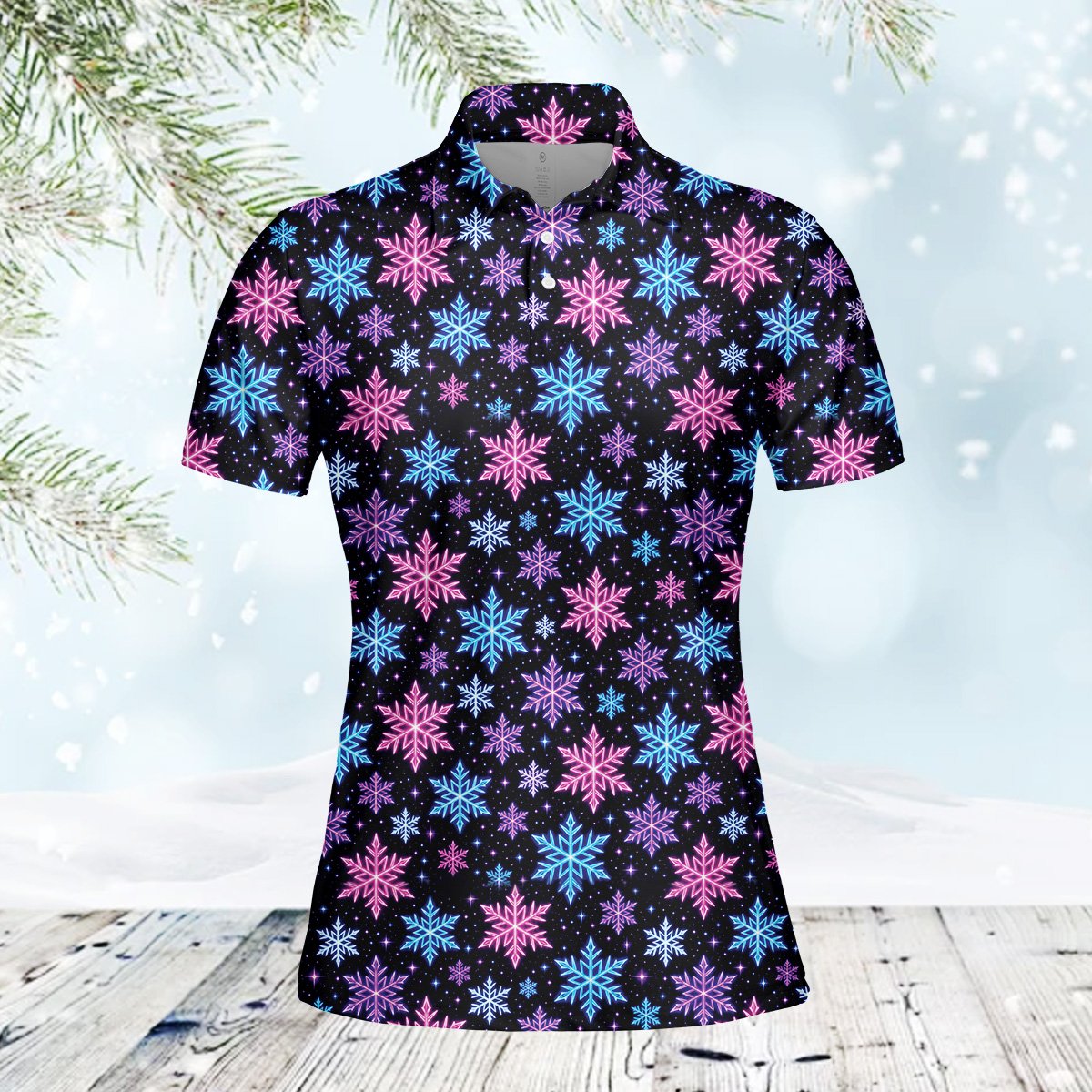 Neon snowflake holiday polo, front view