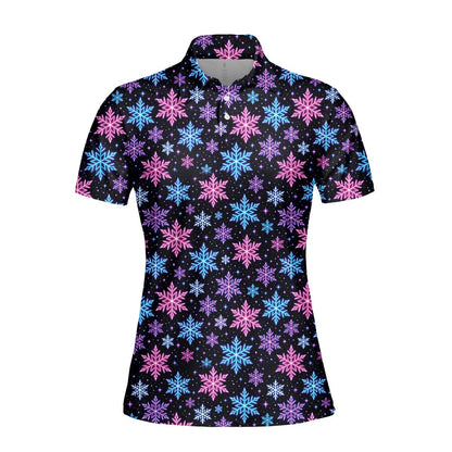 Christmas polo shirt with bright snowflakes, front view