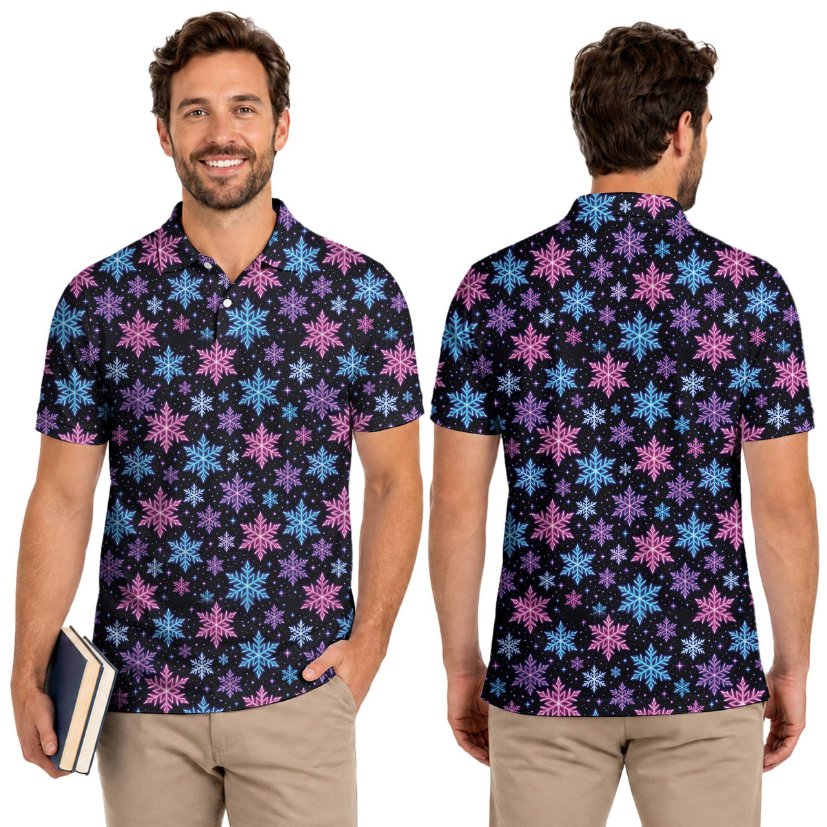 Neon snowflake christmas polo shirt, main view on black background