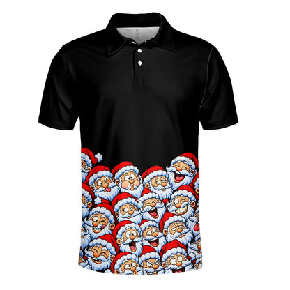 Black christmas polo shirt featuring cartoon Santa faces on the bottom third, main front view
