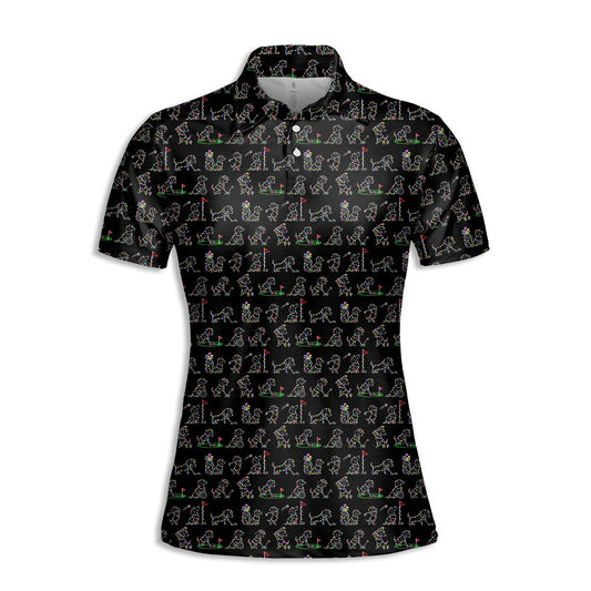 Black christmas polo shirt with golfing dogs in colorful holiday lights pattern, main view