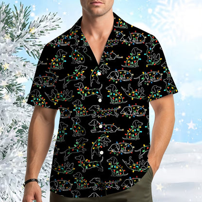 Black christmas polo shirt with dachshunds and string lights pattern, main view