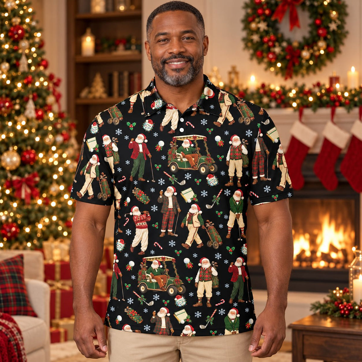 Lifestyle view of a person wearing the golfing Santa christmas polo shirt