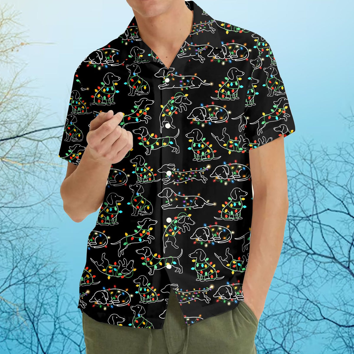 Lifestyle view of someone wearing the dachshund christmas polo shirt