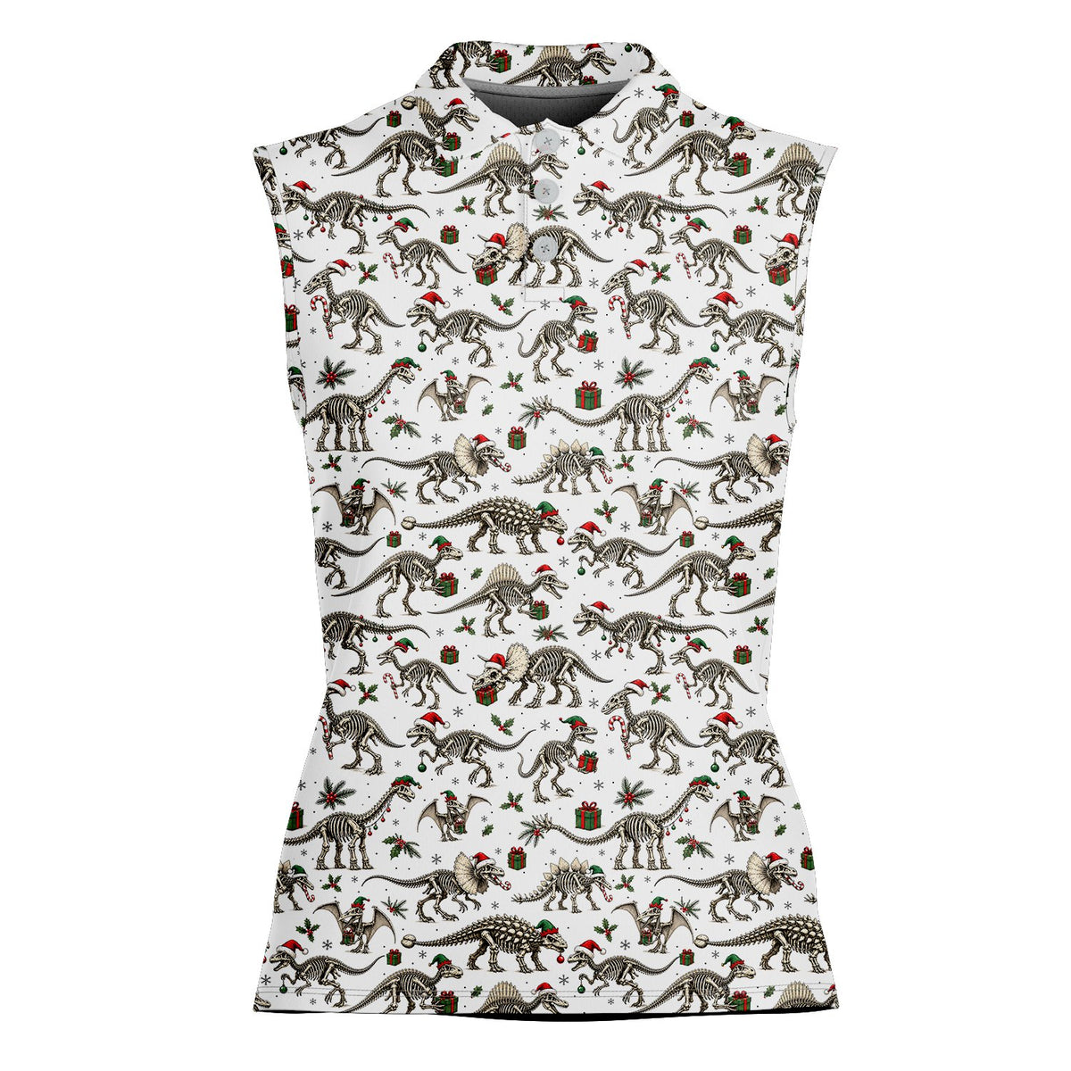 Another front view of the festive holiday polo shirt with dinosaur skeletons