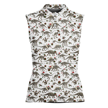 Another front view of the festive holiday polo shirt with dinosaur skeletons