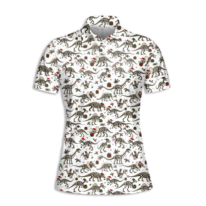 Front view of the Christmas dinosaurs polo shirt with red and green holly details