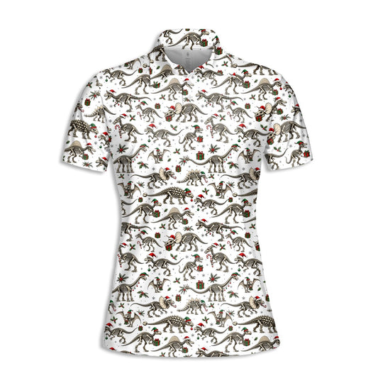 Womens christmas polo shirt featuring an all-over print of dinosaur skeletons in Santa hats on a white background, front view