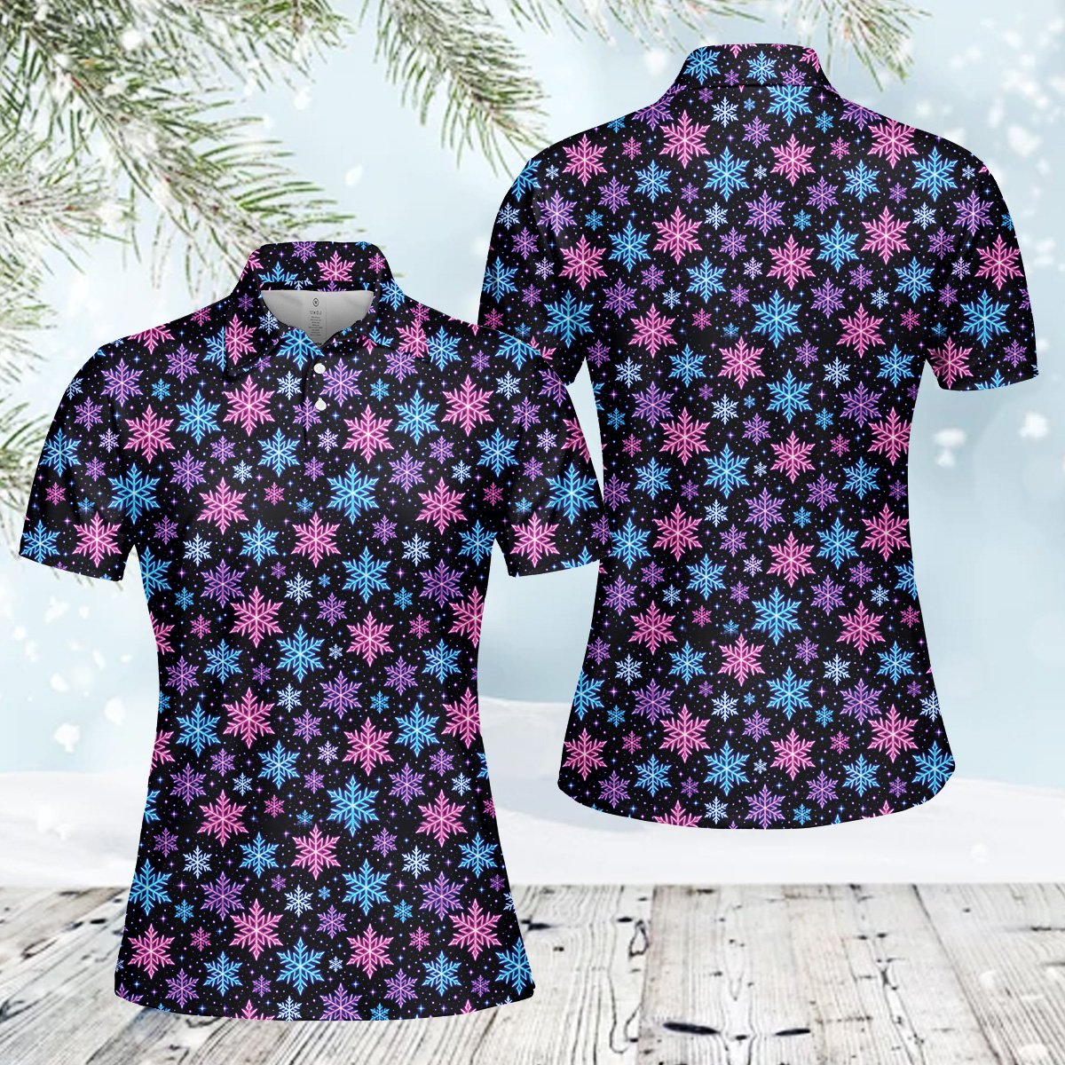 Neon snowflake black polo shirt, front view