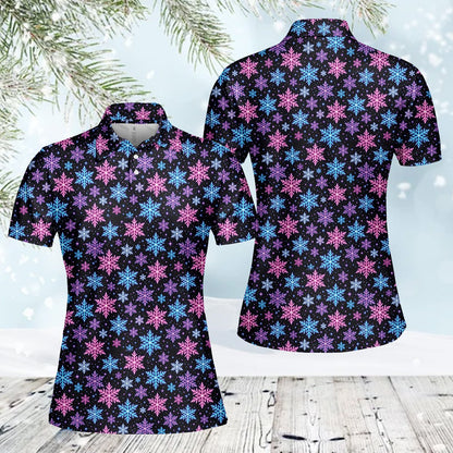 Neon snowflake black polo shirt, front view