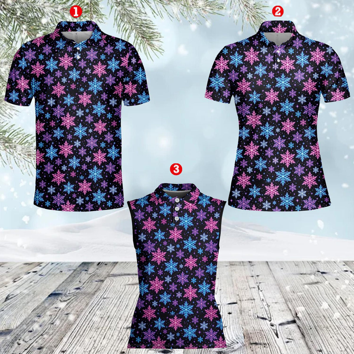 Holiday snowflake polo shirt, front view