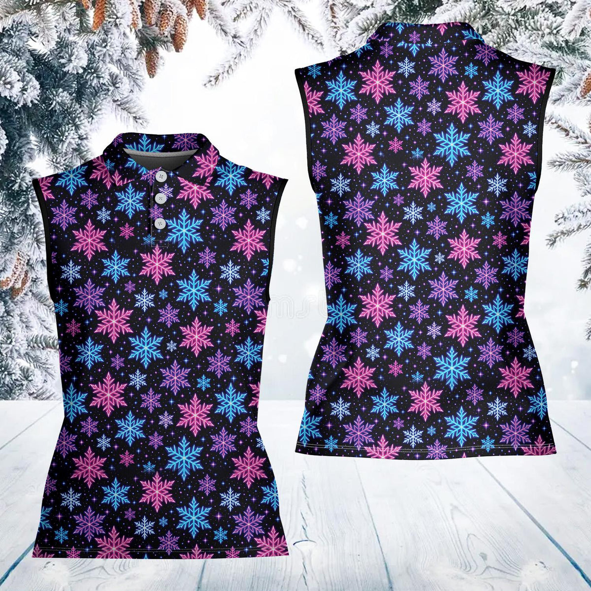 Neon snowflake polo shirt, front view