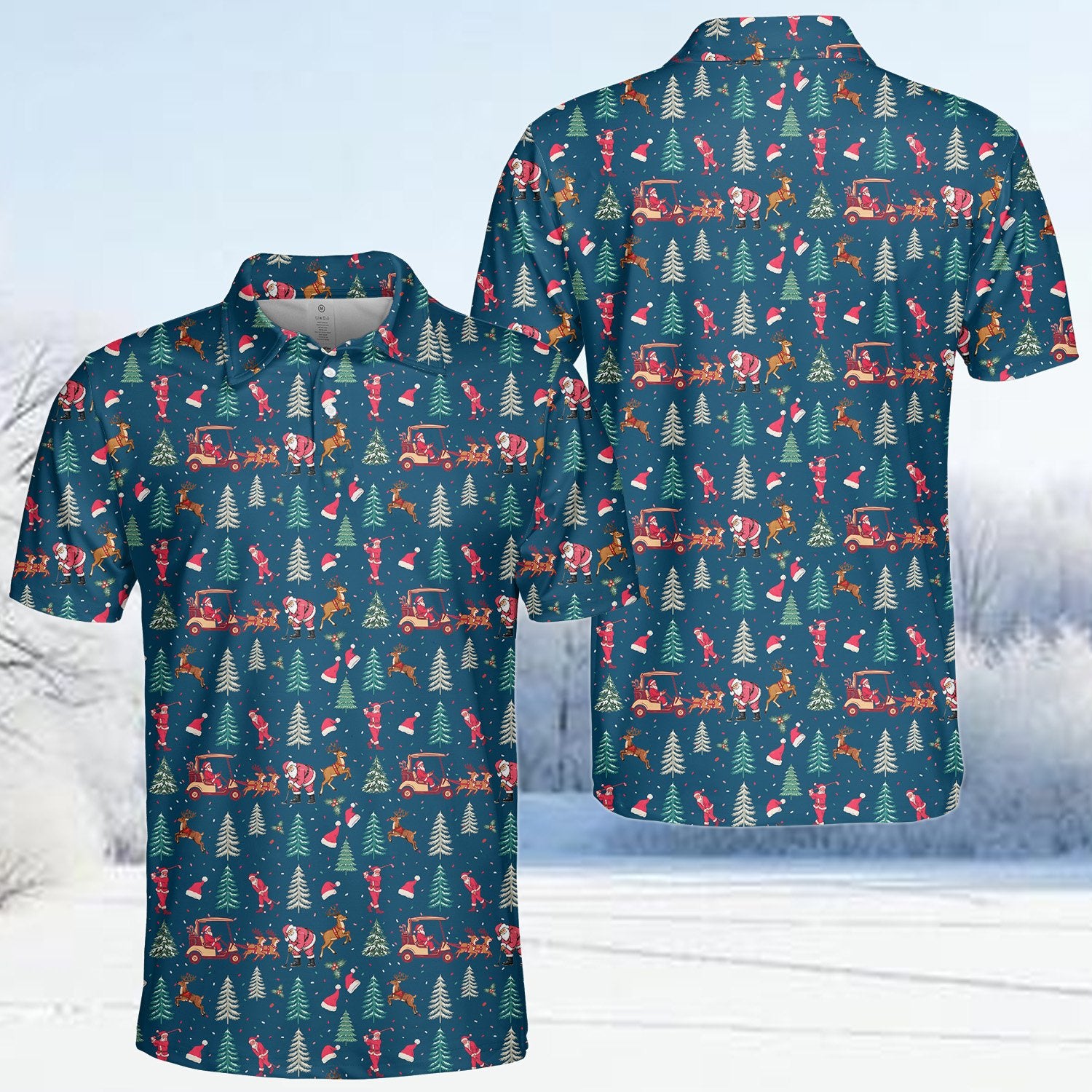 Alternate front view of the blue festive ugly christmas polo shirt