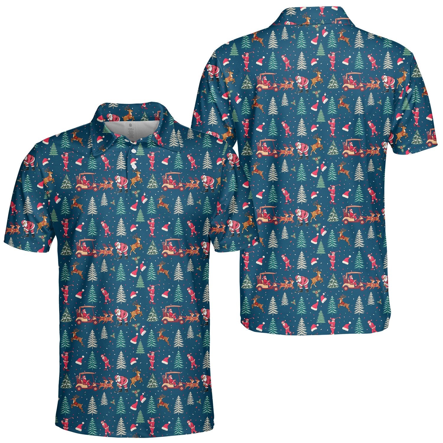 Christmas golf polo shirt with Santa and reindeer pattern on a blue background, main view