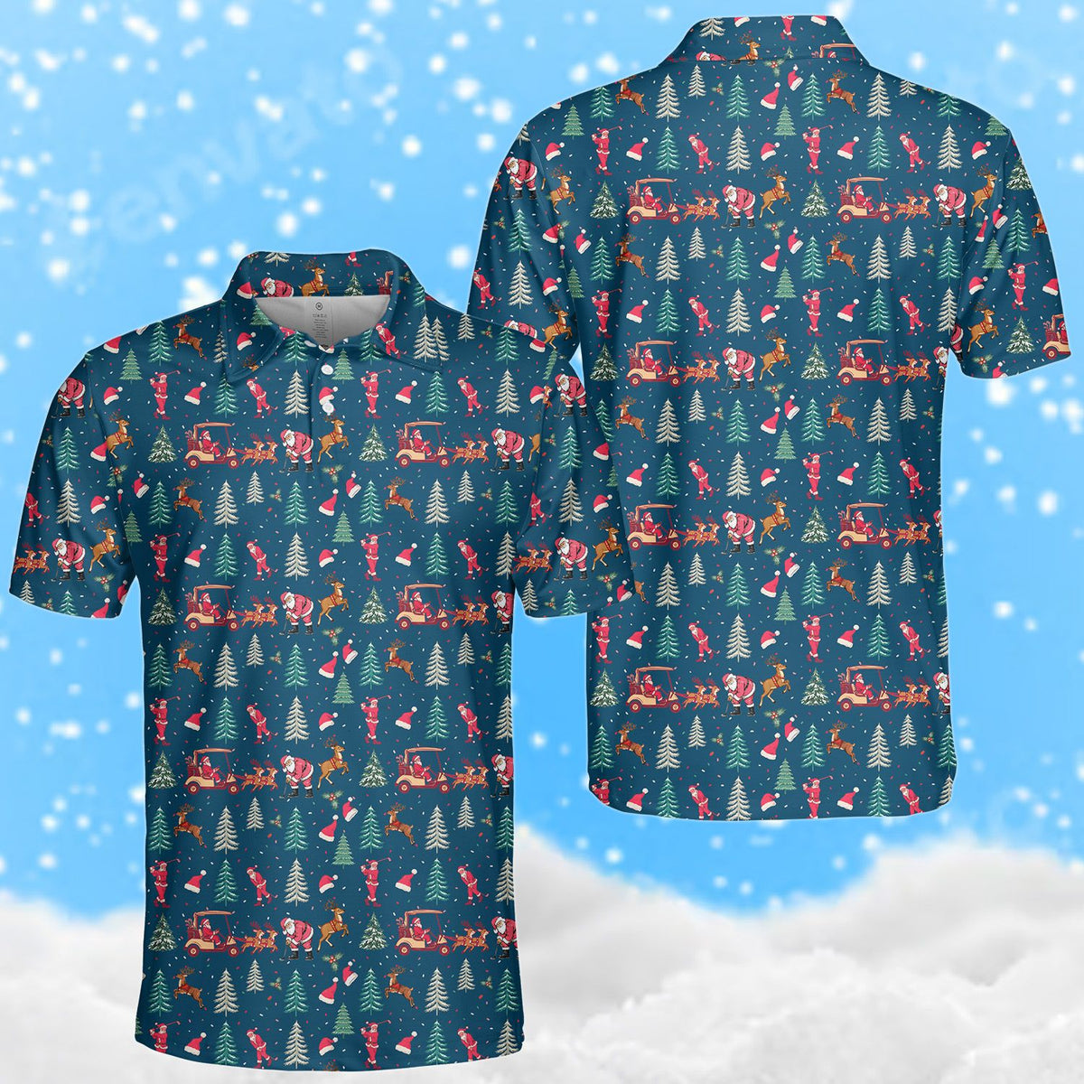 Lifestyle image of an adult wearing the holiday golf polo shirt outdoors