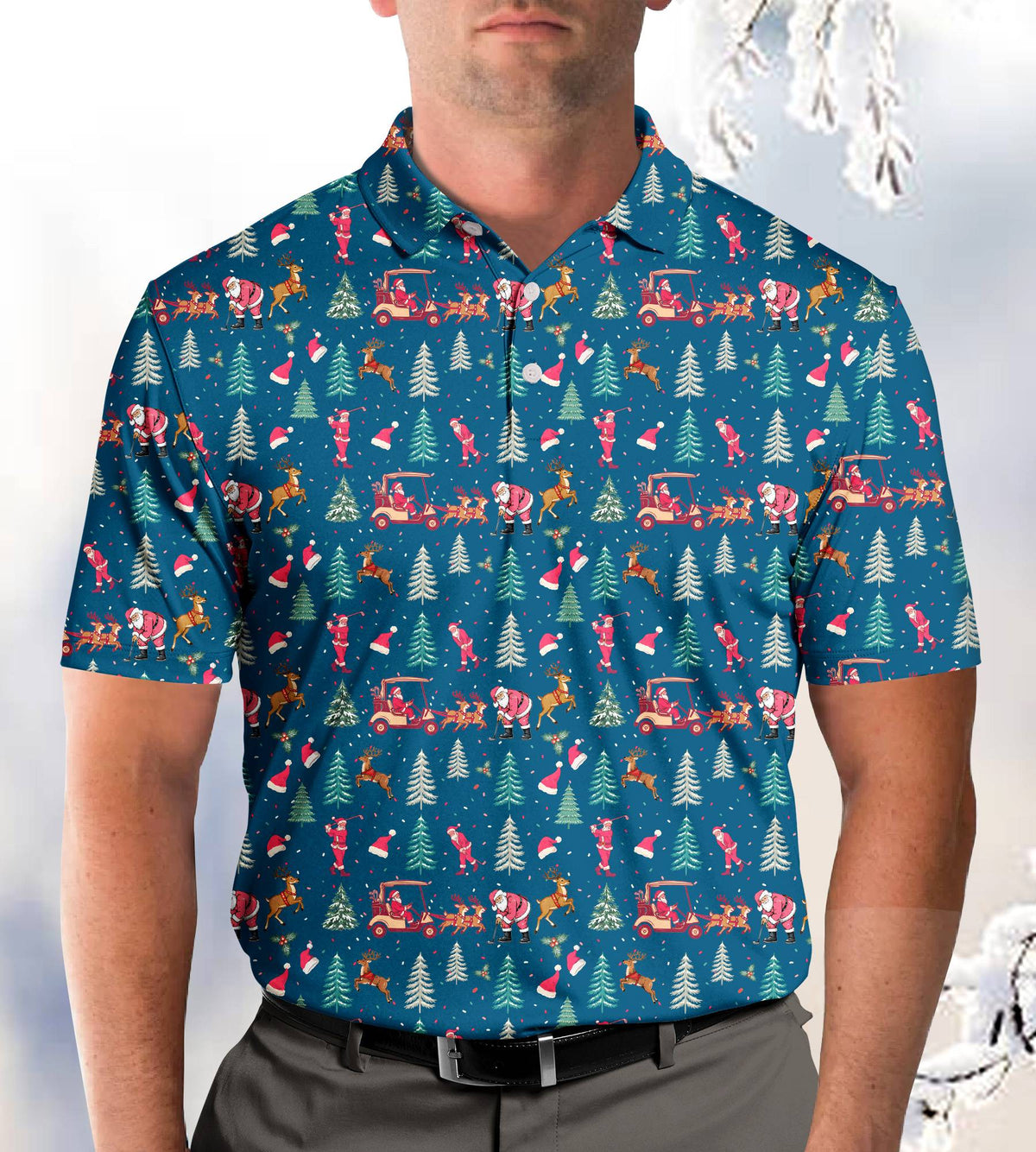 Back or side view of the festive blue polo shirt