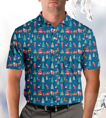Back or side view of the festive blue polo shirt