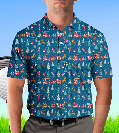Close-up detail view of the polo shirt collar and Christmas print