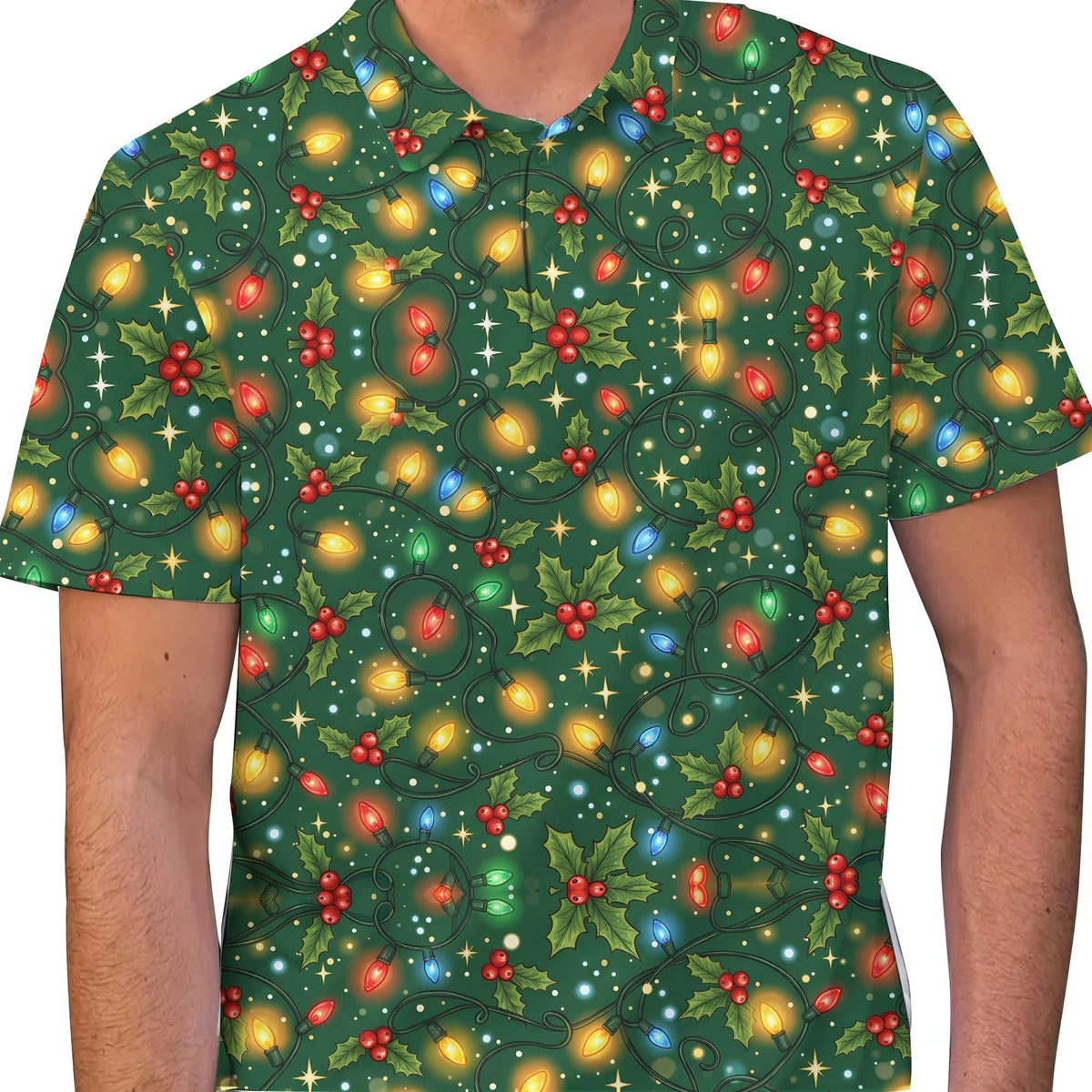 Festive green holiday polo shirt, back view