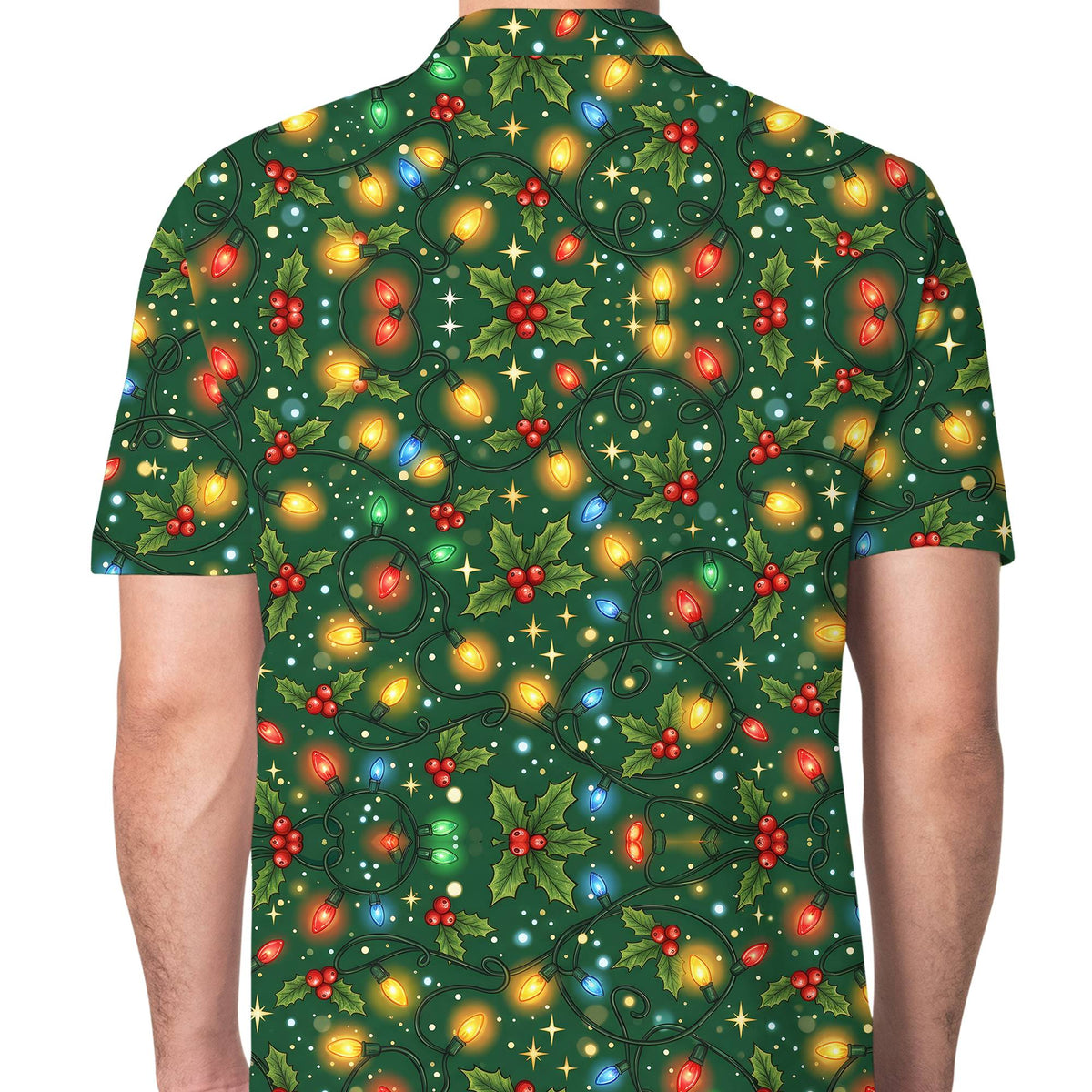 Festive green holiday polo shirt, front view