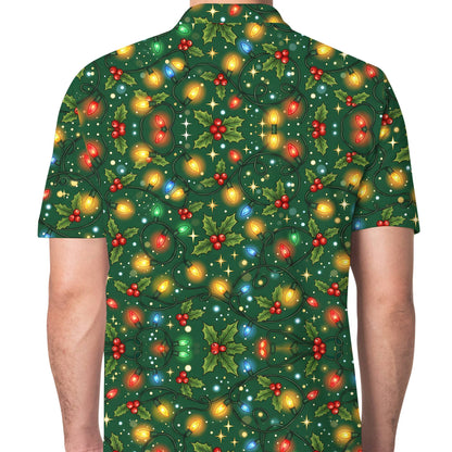 Festive green holiday polo shirt, front view