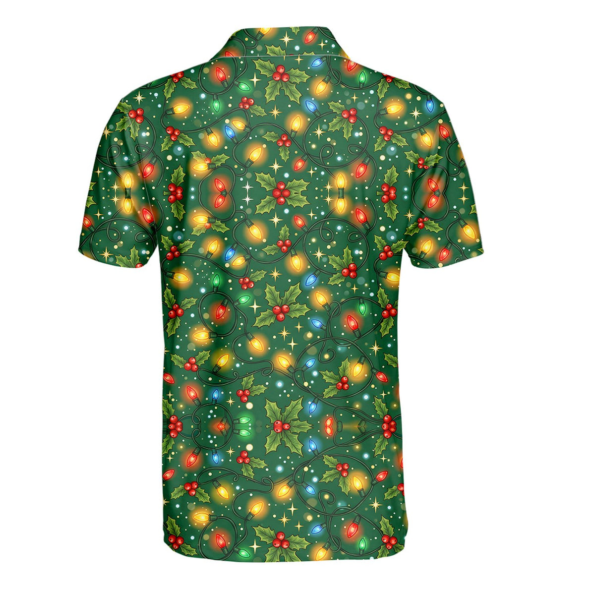 Tangled lights Christmas polo shirt in green, front view