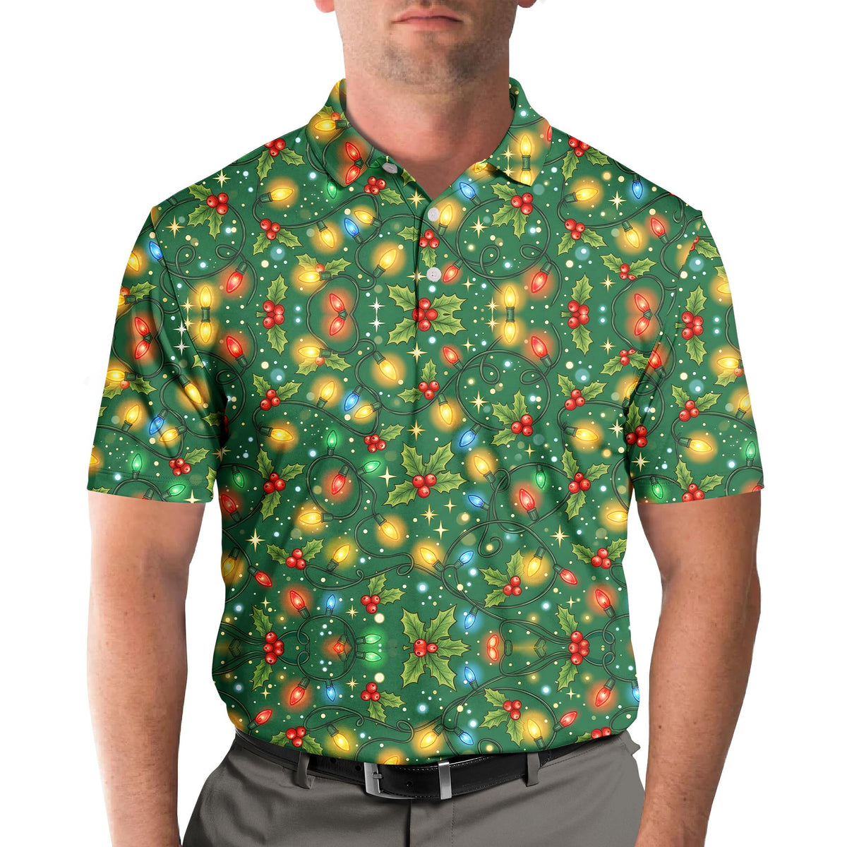Green holiday polo shirt featuring holly and lights, front view