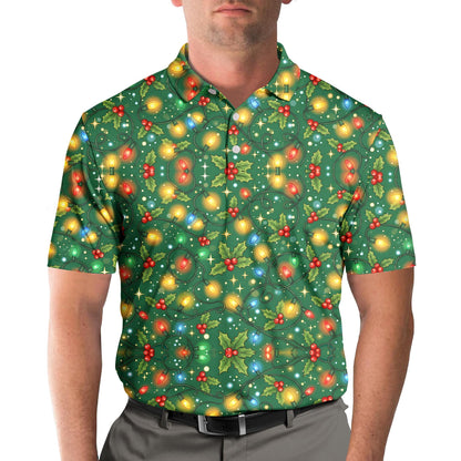 Green holiday polo shirt featuring holly and lights, front view