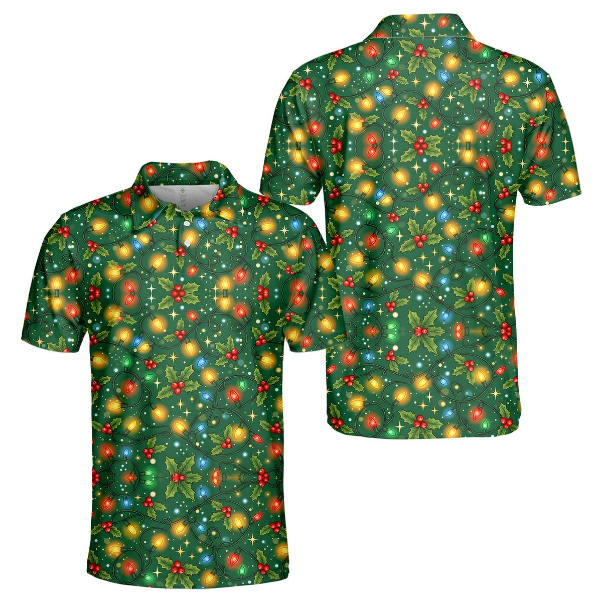 Lifestyle view of someone wearing the green Christmas polo shirt