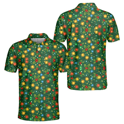 Lifestyle view of someone wearing the green Christmas polo shirt