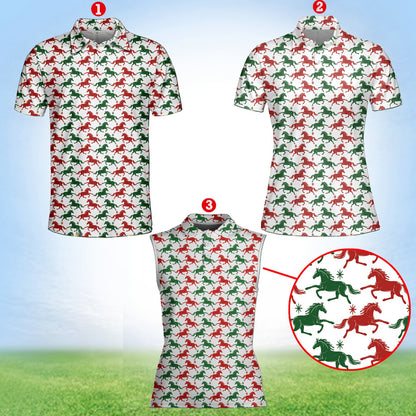 Front angled view of the white polo shirt with red and green horse design