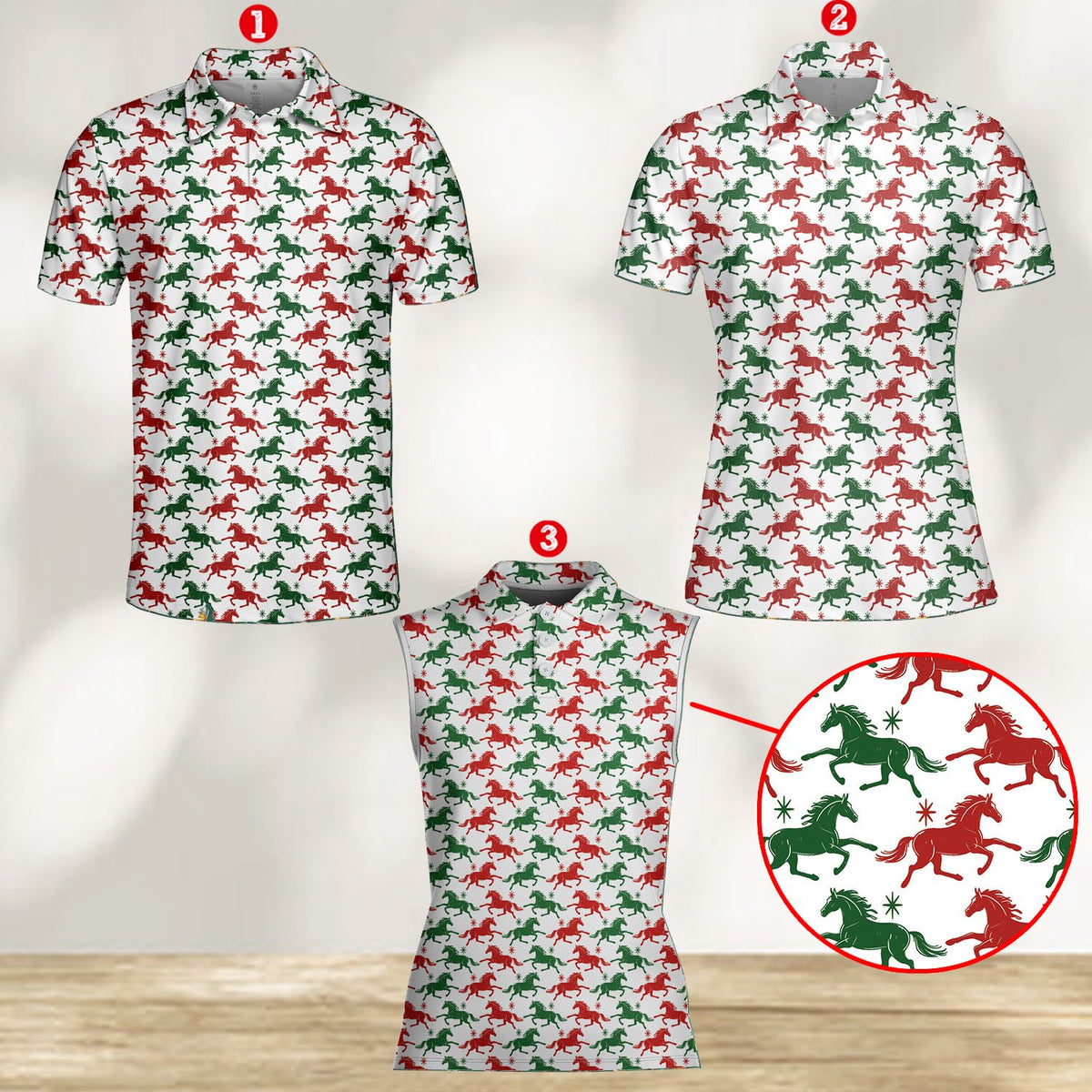 Close up front view of the holiday polo shirt