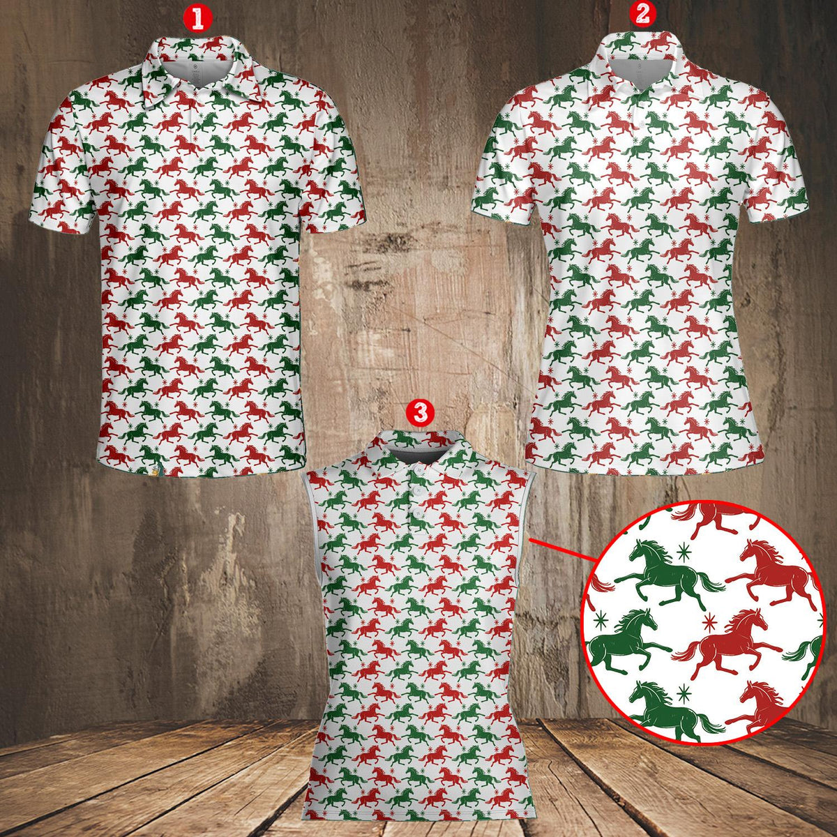 Detail front view showing the collar of the Christmas horses polo shirt