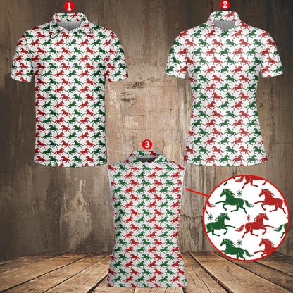 Detail front view showing the collar of the Christmas horses polo shirt