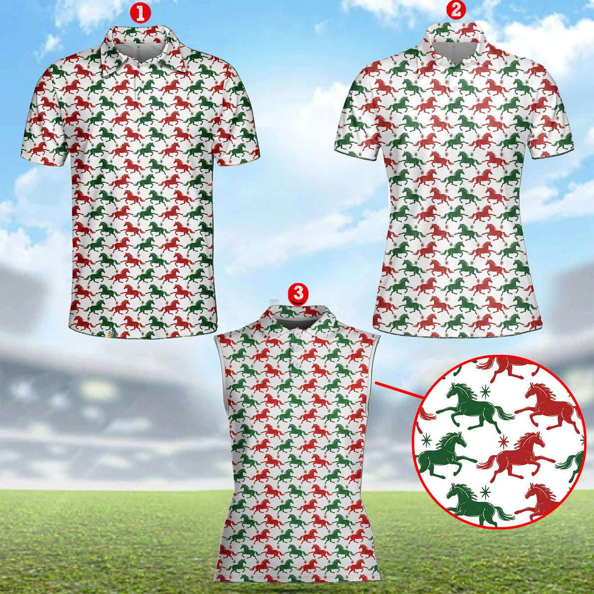 Alternate front view of the festive horse polo shirt