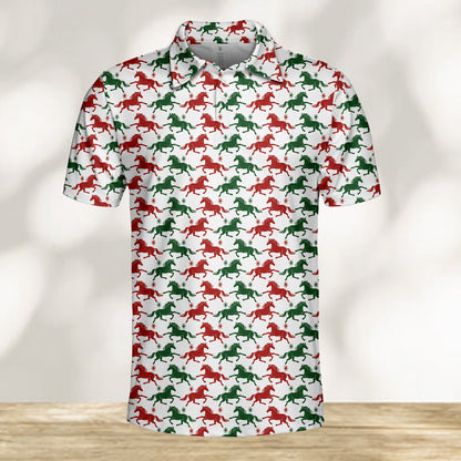 Front view of the holiday polo shirt highlighting the starburst accents