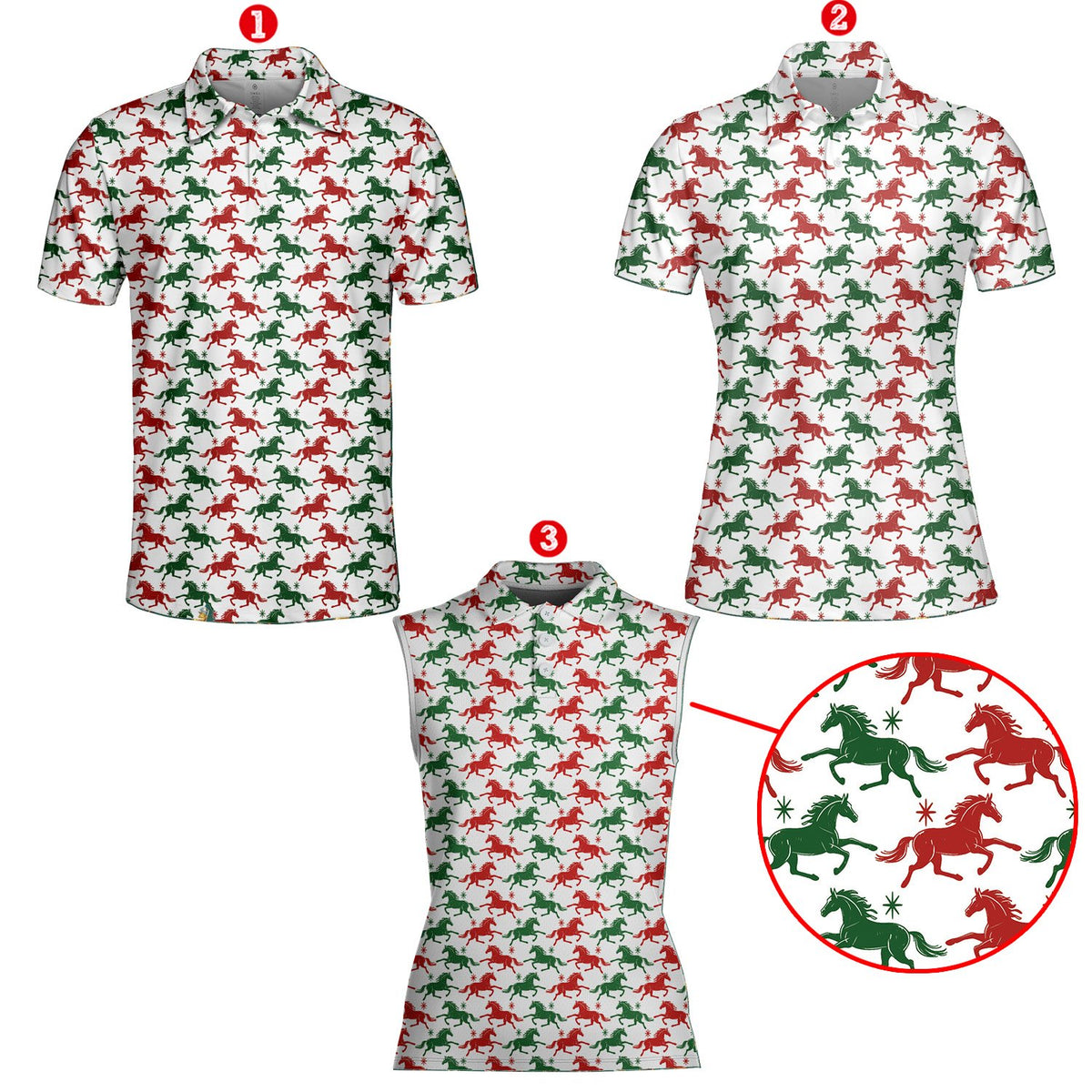 Front view of the Christmas horses polo shirt