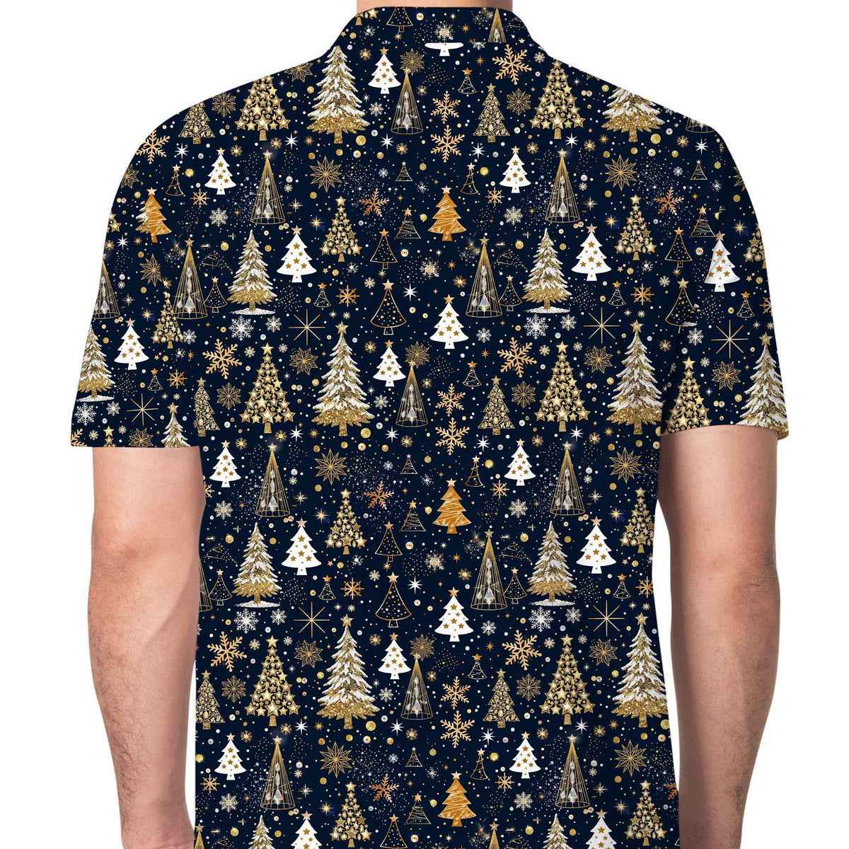 Back view of a multicolor variant of the holiday polo shirt