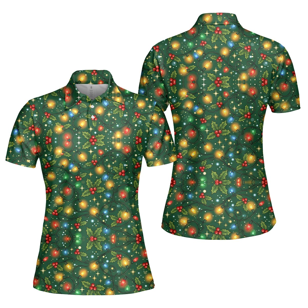 Christmas polo shirt with tangled lights and holly, back view