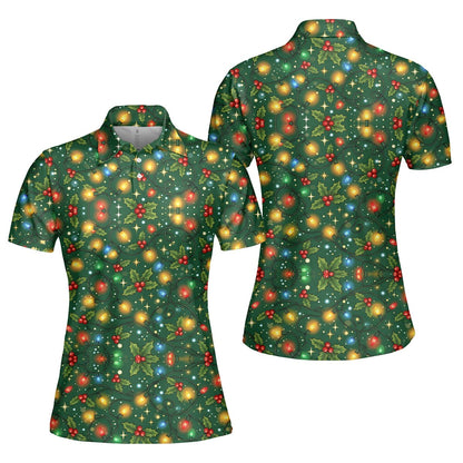 Christmas polo shirt with tangled lights and holly, back view